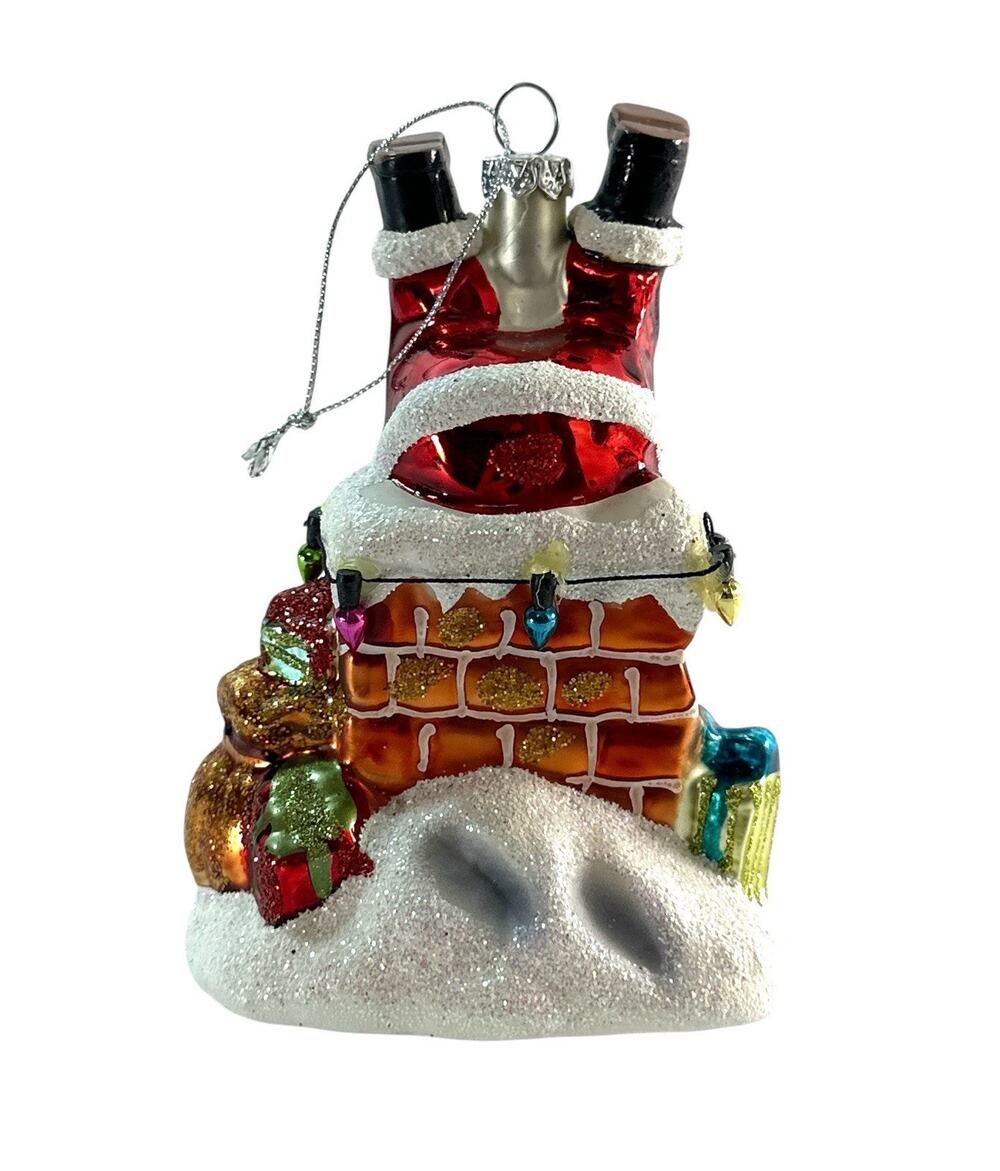 Santa Stuck in Chimney Glass Christmas Ornament Glitter Presents 5”
